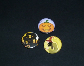 HALLOWEEN BADGES 3: set no. 2 pumpkin, witch, haunted house