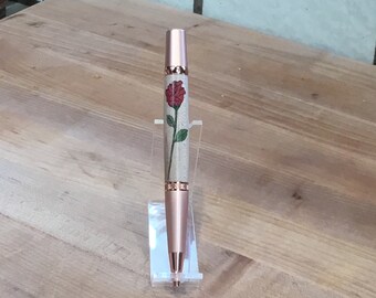 Handcrafted long stemmed rose inlay wood pen