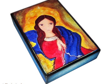 Mary Untier of Knots - Aceo print mounted on Wood (2.5 x 3.5) Folk Art by FLOR LARIOS