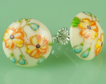 Vintage Orange Floral Button Post Earrings