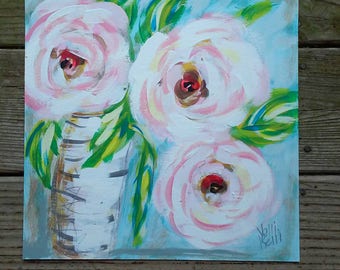 Spring Special Shabby Peonies Original Abstract Painting on Illustration Board YelliKelli