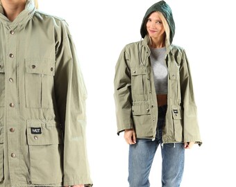Vintage Khaki Parka Jacket 80s Hooded Men's Army Style Waterproof Canvas Green Drawstring Coat Khaki Army Camo 1980s Hunter Medium to Large