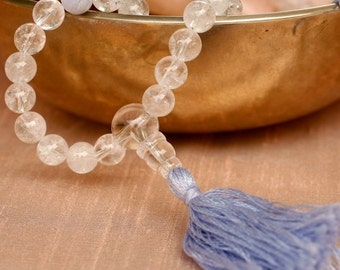 Quartz Mala Prayer Beads w Blue Lace Agate 108 Bead Buddhist Mala Necklace