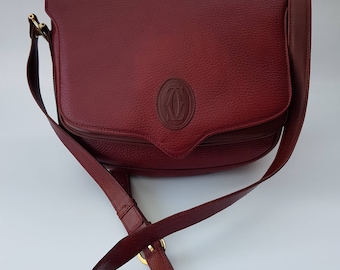 CARTIER Bag. Must de Cartier Vintage Burgundy Leather Shoulder Bag. French Designer Purse.