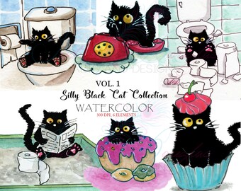 Watercolor Clipart Vol. 1 Silly Black Cat (Mr.Bridges,Cat) Toilet Litter Cupcake Donut Phone ORIGINAL paint Planner Digital INSTANT DOWNLOAD