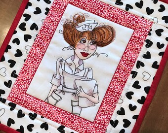 Mug rug, Quilted snack mat, Loralie Nurse, coaster, trivet, candle mat, Quiltsy handmade, mini-placemat, Item #360
