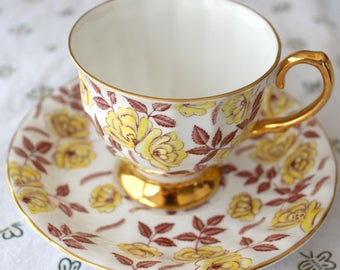 Rosina Yellow Roses with Light Brown Leaves #4997 Teacup and Saucer