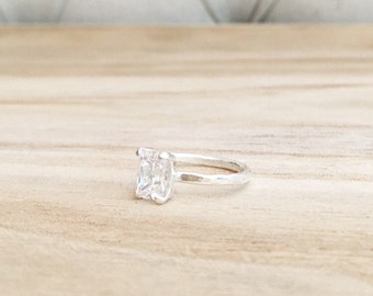 Hammered emerald cut ring, sterling silver ring, solitaire ring, emerald ring, sterling ring, stacking ring