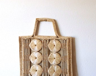 Vintage 1960s Natural Straw Woven Bag Design Art Square Handbag Top handle Spring Summer 60s Purse Bag Grass Small