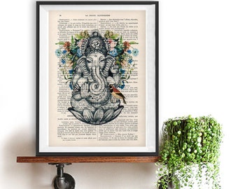 Retro Ganesha Bird Botanical Flowers Yoga poster Meditating Buddha Zen Wall Art Vintage Book Dictionary Art Print Artwork Poster Print