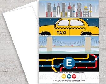 NYC, New York City, Party, Birthday Invitation, Invite, Subway, NYC Skyline, New York City Skyline, Brooklyn Bridge, Taxi, Cab, Big Apple