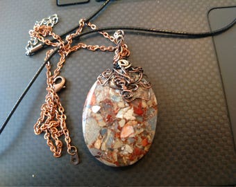 Snakeskin jasper pendant necklace copper wire wrapped.