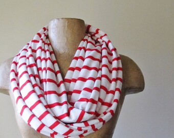 PEPPERMINT Scarf, Red and White Infinity Scarf, Nautical Striped Circle Scarf, Peppermint Loop Scarf, Lightweight Jersey Scarf