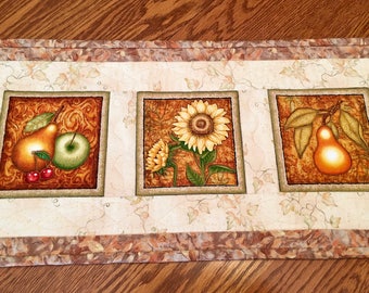 Sunflower Quilted Table Runner, Handmade Autumn Table Runner, Autumn Fruits and Sunflower Tablerunner, Quilted Fall Table Runner