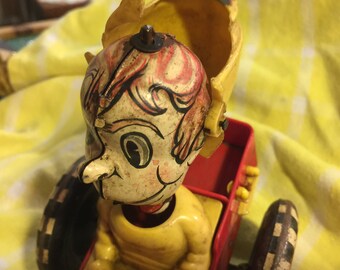 1930's Marx Whoopie Crazy Car Tin Fireman Wind Up Car for PARTS