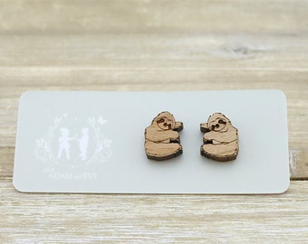 Wood Cute sloth earrings - Laser Cut Stud Earrings - Wooden earrings - Animal jewelry - Australian Seller