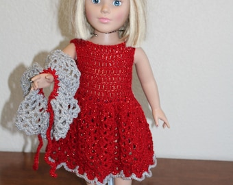 AG red sparkly dress, sandals, shawl, undies, AG doll clothes, 18" doll clothes, 18” doll dress, 18 inch doll dress, AG sandals