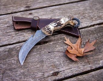 8.5" Inch Hand Made Forged Karambit Damascus Hunting Knife Antler (Stag) Handle Outdoor Survival With Leather Sheath