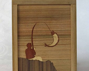 Marquetry fisherman with cedar - Fisherman frame inlaid marquetry with cedar frame