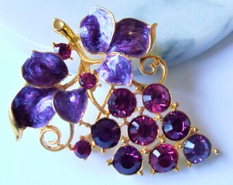 Vintage Rhinestone Enamel Grape Brooch, Purple Enamel Pink & Purple Rhinestones Grape Cluster Gold Tone Pin, M. Jent Signed Brooch, 1980s'