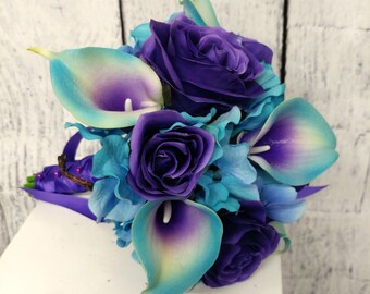 Bridal bouquet, Turquoise purple, Turquoise calla lily purple rose wedding bouquet, Calla rose wedding accessories, Silk wedding flowers