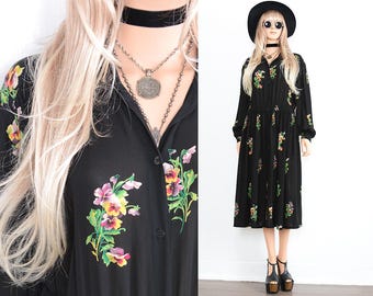 90s Black Floral Dress 90s Grunge Dress 40s Floral Maxi Dress Boho Dress Floral Dress Vintage 90s Clothing Floral Maxi Bohemian Dress M