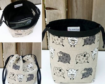 Knitting Bag in Sheep Print Linen, Sock Knitting Project Bag, Sock Project Bag for two at a time sock knitting - Sock sack