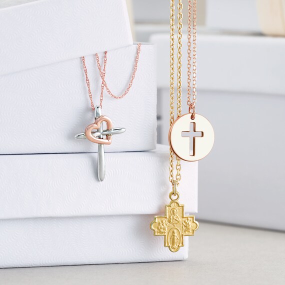 14k Gold Cross Disc Necklace Pierced Cutout Cross Pendant.