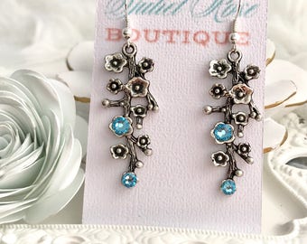 Cherry Blossom Branch Earrings, Flower Earrings, Drop Earrings, Dangle Earrings, Silver Earrings, December Earrings, Christmas Earrings