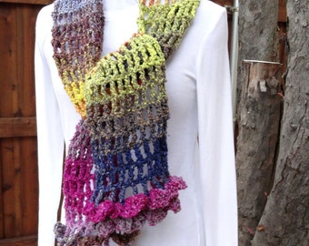 Multi Color Crocheted Scarf, Lightweight Spring Scarf, Scarf with Purple, Lavender, Orange and Yellow Yarn, Noro Yarn Crocheted Scarf