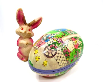 Paper Mache Bunny Rabbit PLUS Easter Egg Candy Holder, Vintage Spring Home Decor