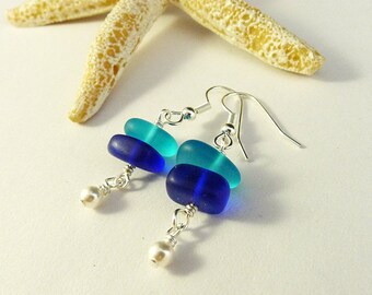 Blue sea glass earrings cobalt blue seaglass earrings Swarovski pearls aqua blue sea glass jewelry seaglass jewelry dainty earrings beach