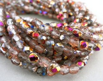 4mm New Dawn Czech Beads, Faceted Fire Etched Crystal, Czech Glass, Strand of 50