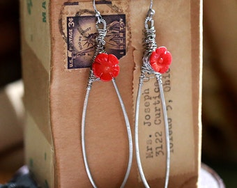 Ladybird - Strung-Out guitar string hammered feather earrings with coral