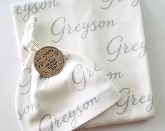 Swaddle Blanket and Tie Knot Hat Personalized for Baby Girl or Boy - Organic Cotton Knit Fabric - Receiving Blanket Simple Modern