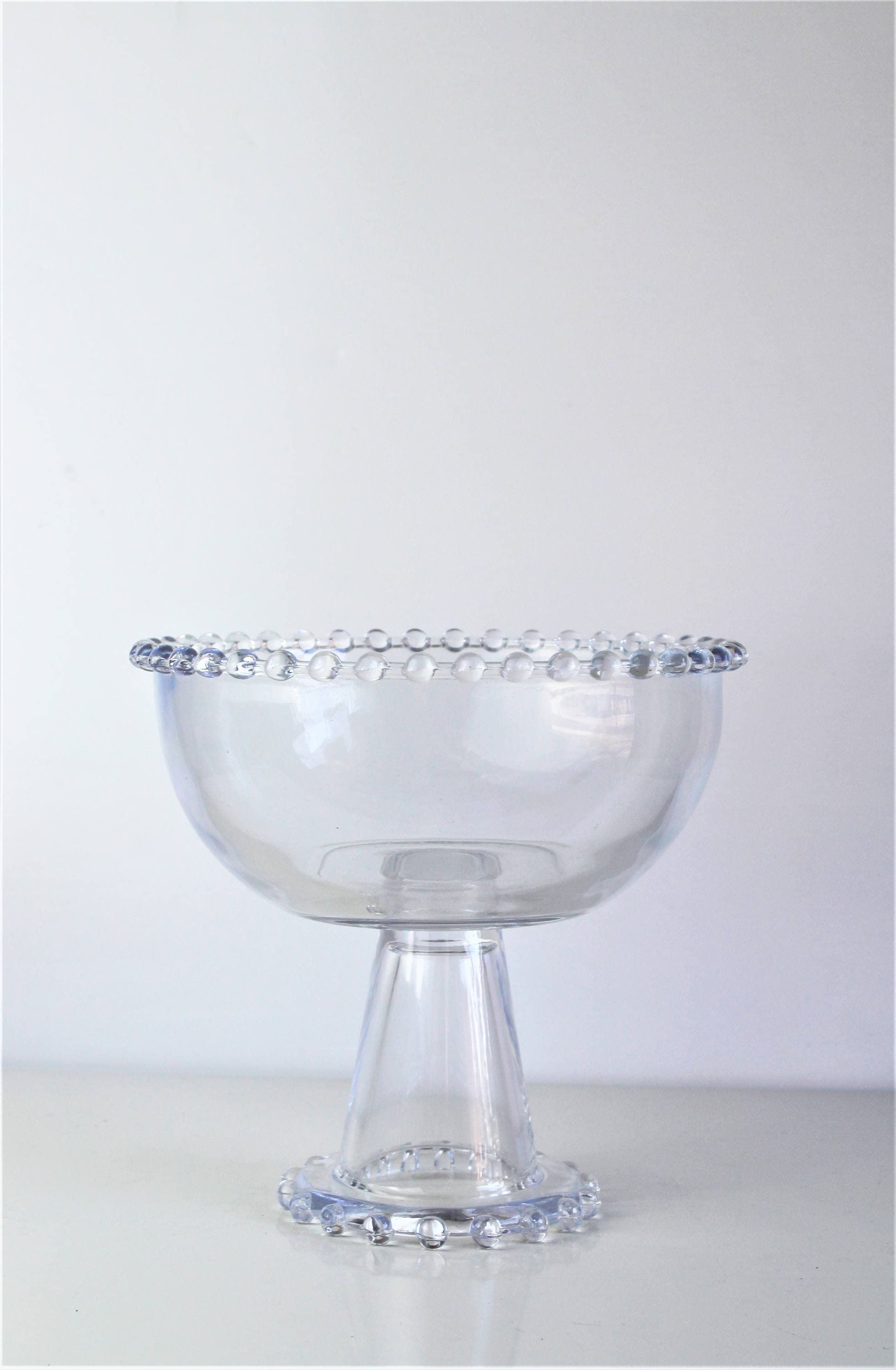 Vintage Glass Pedestal Bowl With Bubble Rim Border