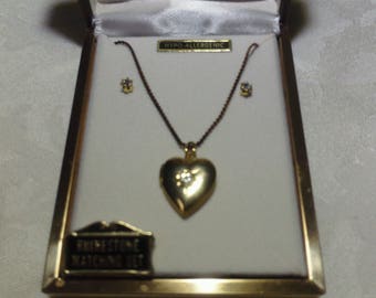 Vintage Rhinestone Gold Heart Locket & Earrings (1960's)