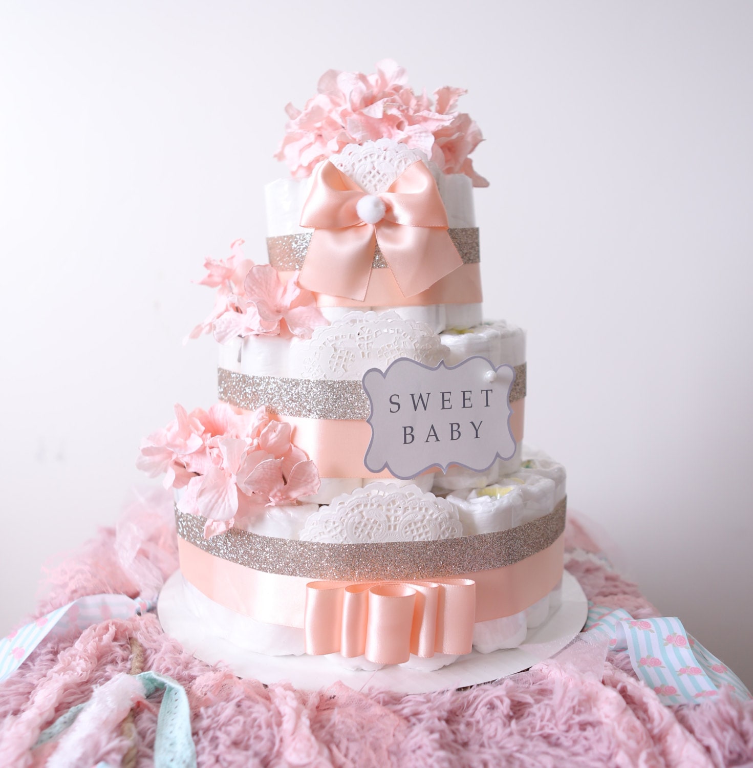 Gold & Blush Pink Diaper Cake for baby girl Baby Shower