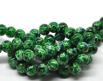 15 Green Glass Beads with Mottled Blue and Red, 10mm (1V-12)