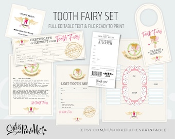 Tooth Fairy Set - Tooth Fairy Letter Receipt Certificate Envelope Report Chart - Tooth Fairy Printable - Instant Download Editable Text