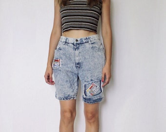 Vintage 1980s High Waist Denim Shorts | Patchwork Denim Short | Acid Wash Shorts | 26.5