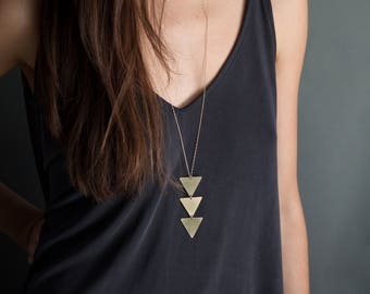 Long Geometric Necklace, Triangles Pendant Necklace // NEFERTITI NECKLACE // Triangle Necklace, Brass or Gold Necklace // Bohemian Fringe