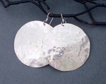 Large Sterling Silver Disc Earrings Round Dangle Silver Earrings Artisan Handmade Hammered Silver Tribal Jewelry Modern Metal Jewelry