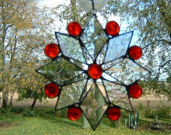 Small Red Iridescent Bevel Snowflake Suncatcher