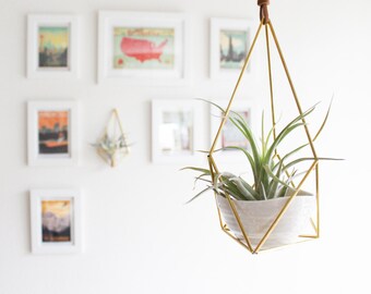The Planter | Hanging Brass Air Plant Holder with Cup, Modern Minimalist Geometric Ornament