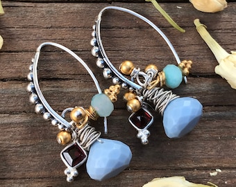 Sterling Silver Earrings cluster gemstone blue mixed metals gold