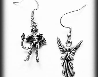 Devil and Angel Earrings, Conscience Earrings, Mismatched Earrings, Pewter and Antique Silver, Gothic Gift, Alternative Jewelry