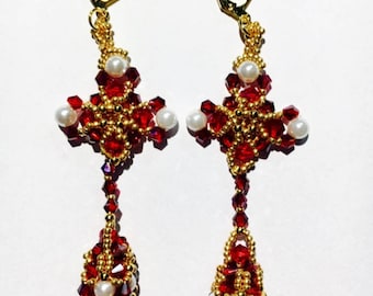 Baroque-styled beaded two-piece earrings in red and gold