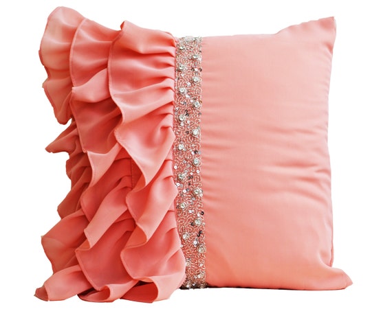 Peach ruffled throw pillow cover Ruffle pillow Decorative