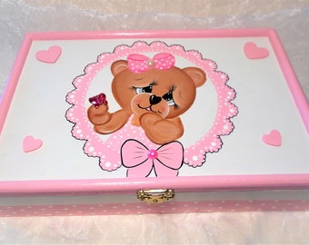 Pencil box in pink and white for girl. The bear and Butterfly